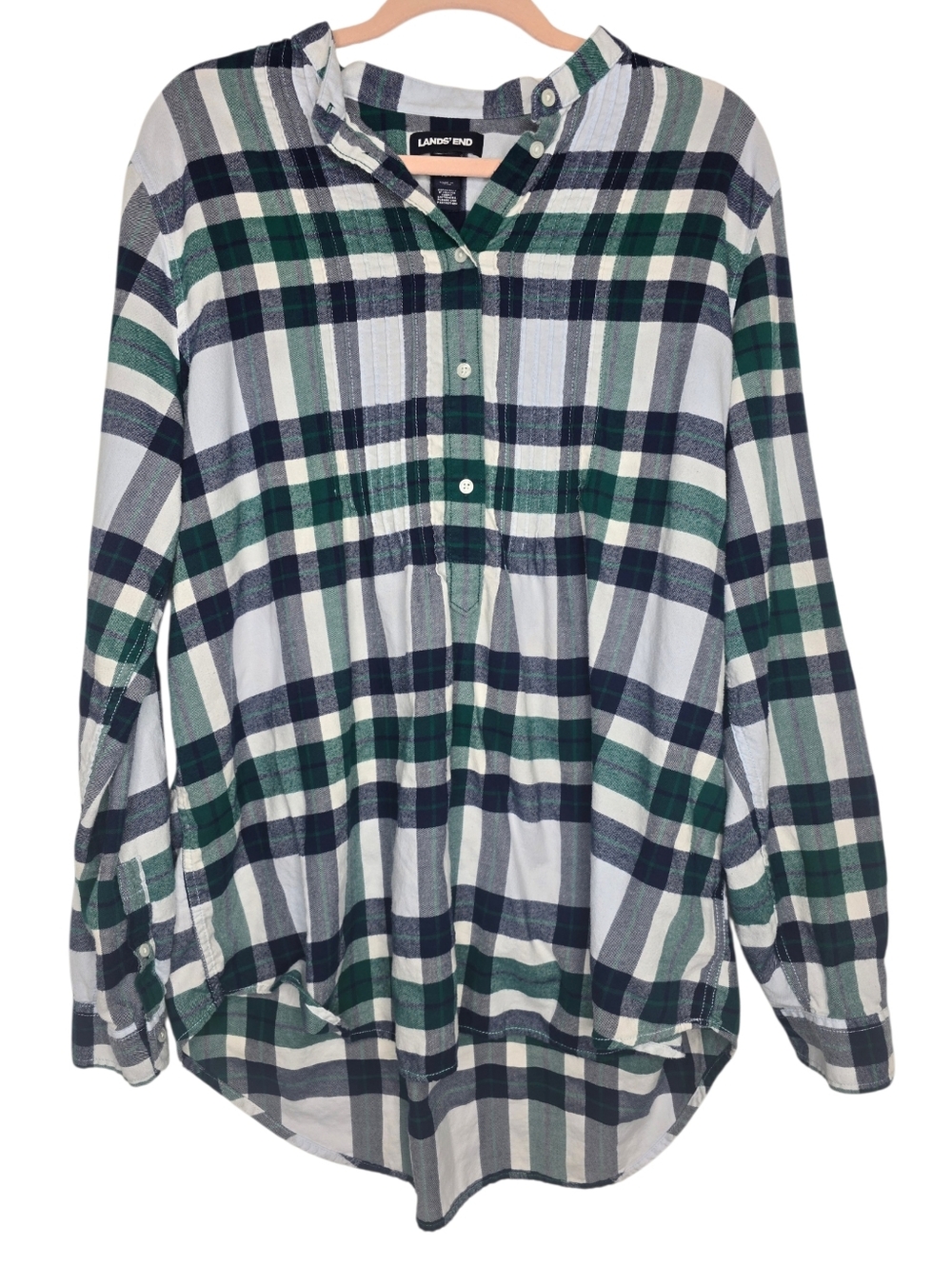 Lands' End blue and green plaid pintuck roll tab sleeve popover shirt